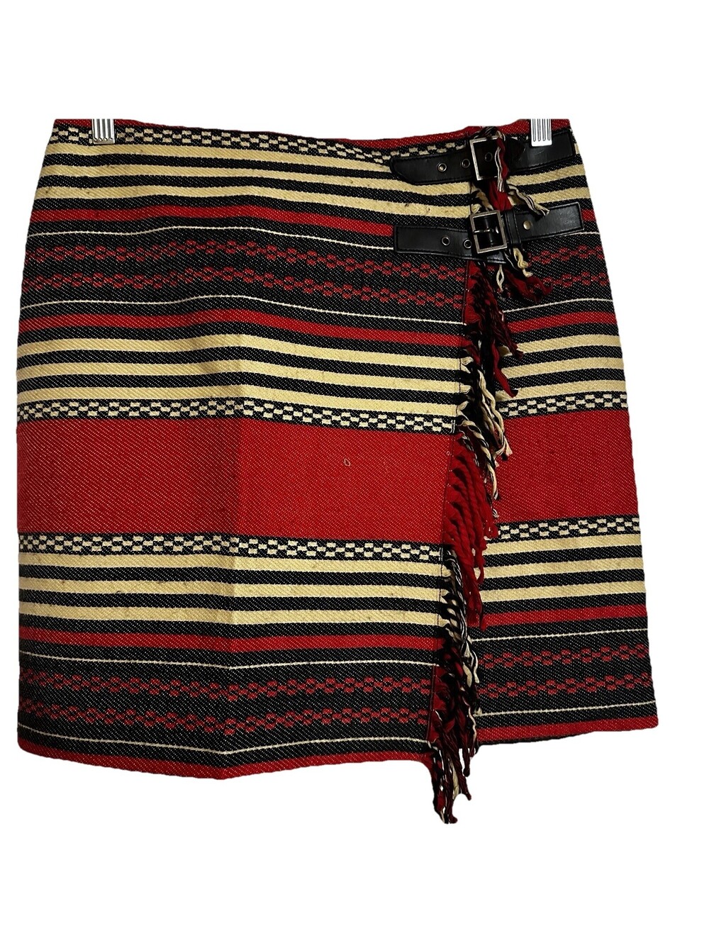 Jones New York Women’s 10 Striped Wrap Mini Skirt Woven Fringe Buckle Red Black